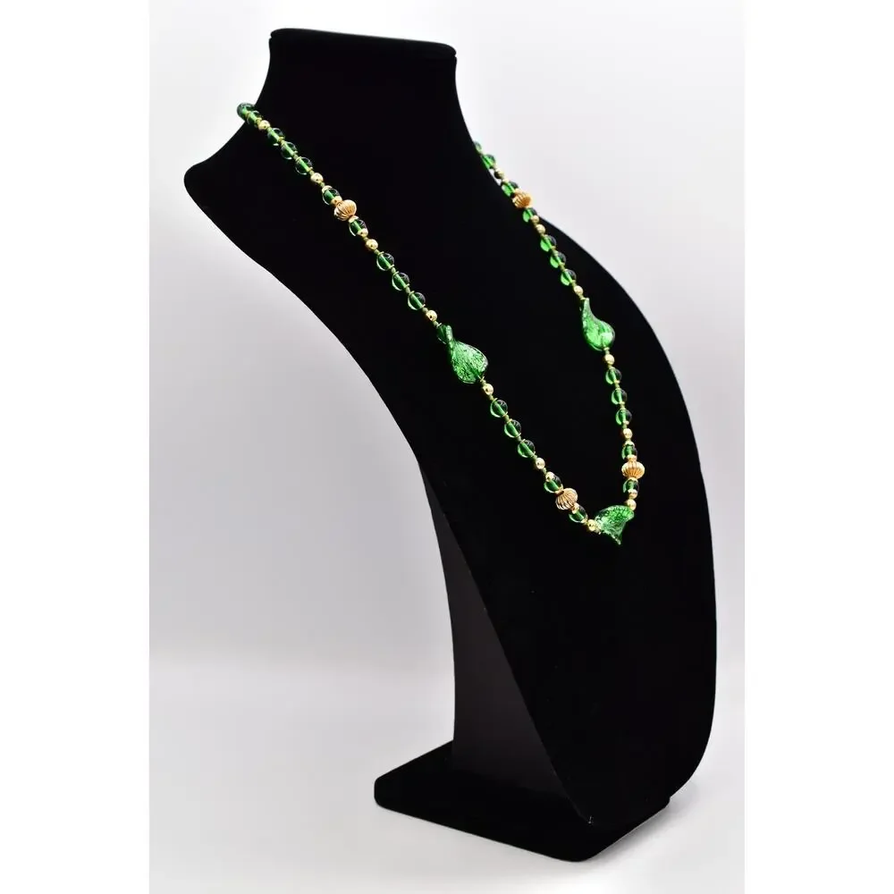 Vintage Artisan Glass Beaded Necklace Green Leaf Gold Fall Autumn 1980s BinBL